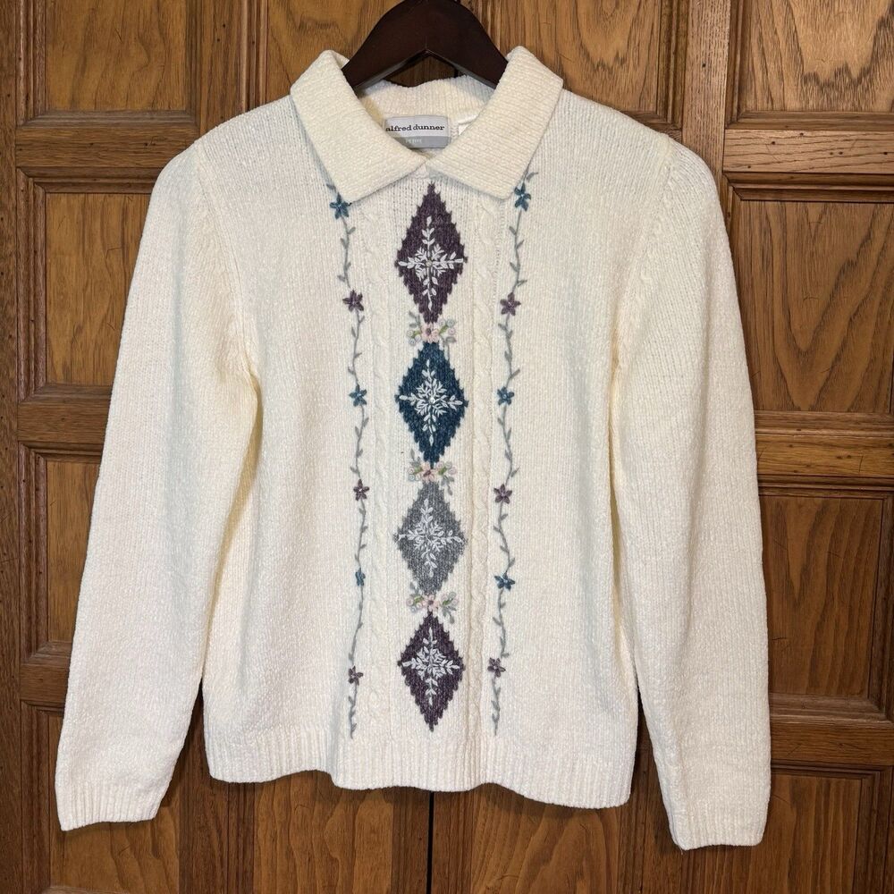 Alfred Dunner Womens PS Chenille Sweater Cream Cable Knit Embroidered Floral Top